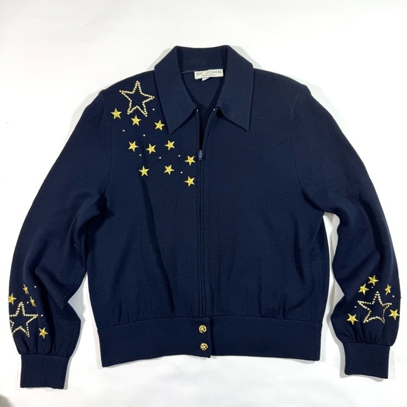St John Separates Santana Knit Sweater Jacket Navy Blue Gold Stars - Picture 1 of 9